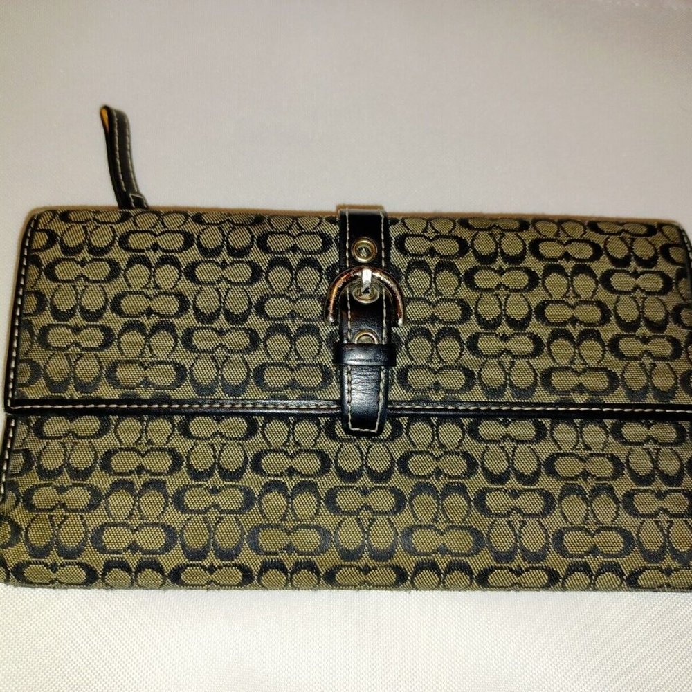 COACH WALLET Large Trifold Clutch Zipper Authentic Black Logo Jacquard Leather